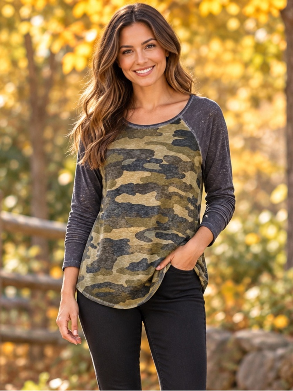 Lucky Brand Camo Burnout Raglan Tee Green & Gray Medium